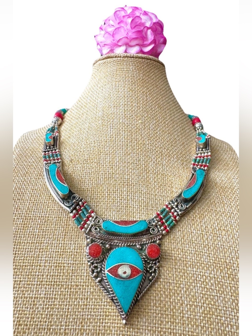 Handcrafted Ethnic Indo/Tibet Tribal Necklace Inlay Stones Set In Silver 129gram